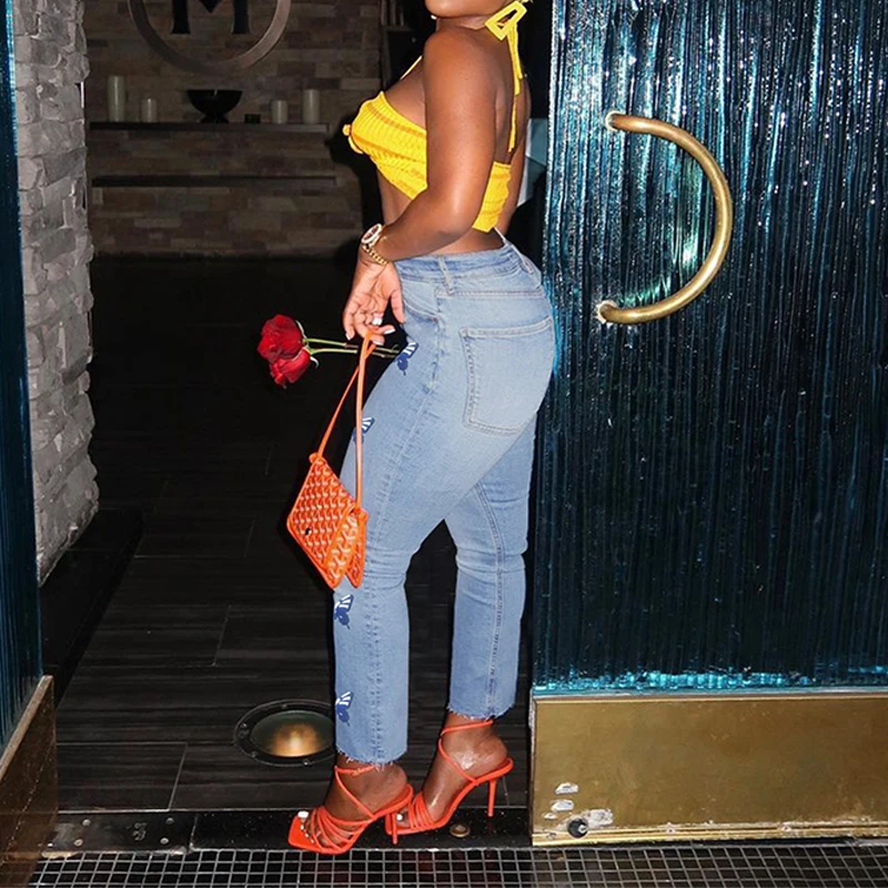 

High Waist Jeans For Women Butterfly Printed Slim Stretch Bodycon Skinny Push Up Denim Pants