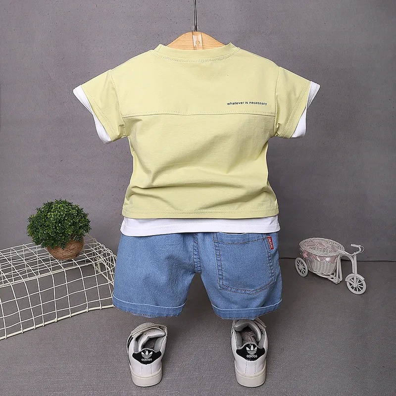 

Toddler Boys Fashion Casual Clothes Sets Baby Girls Cotton Letter Print Fake Two T-Shirt+denim Shorts Kids Summer Clothing Set