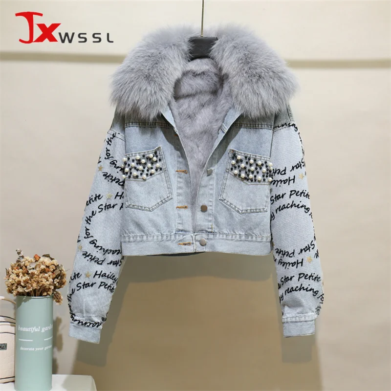 

New Fashion Autumn Winter Women Denim Jacket Original Design Plus Velvet Thicken Real Fox Fur Collar Cotton Coat Removable Fur