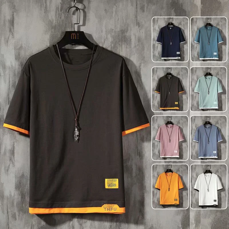

2021 New Men's T Shirts Korean Harajuku Fashion Streetwear Short Sleeve Tops Tees Men Casual Men Clothing Splicing T Shirts Men