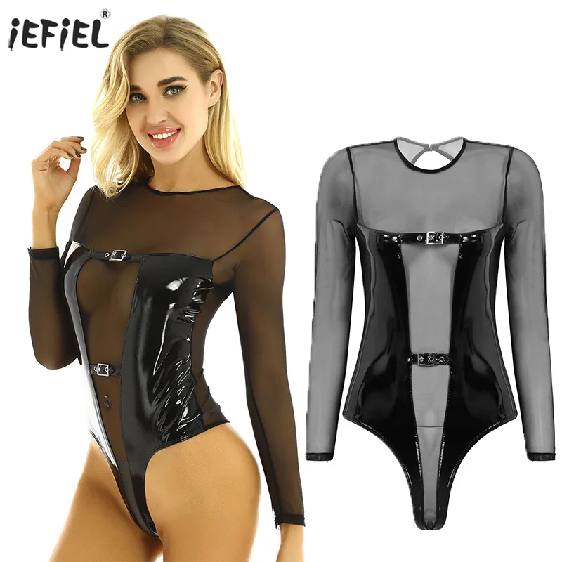 Женское кожаное боди прозрачное Сетчатое сращенное сексуальное Эротическое Wetlook