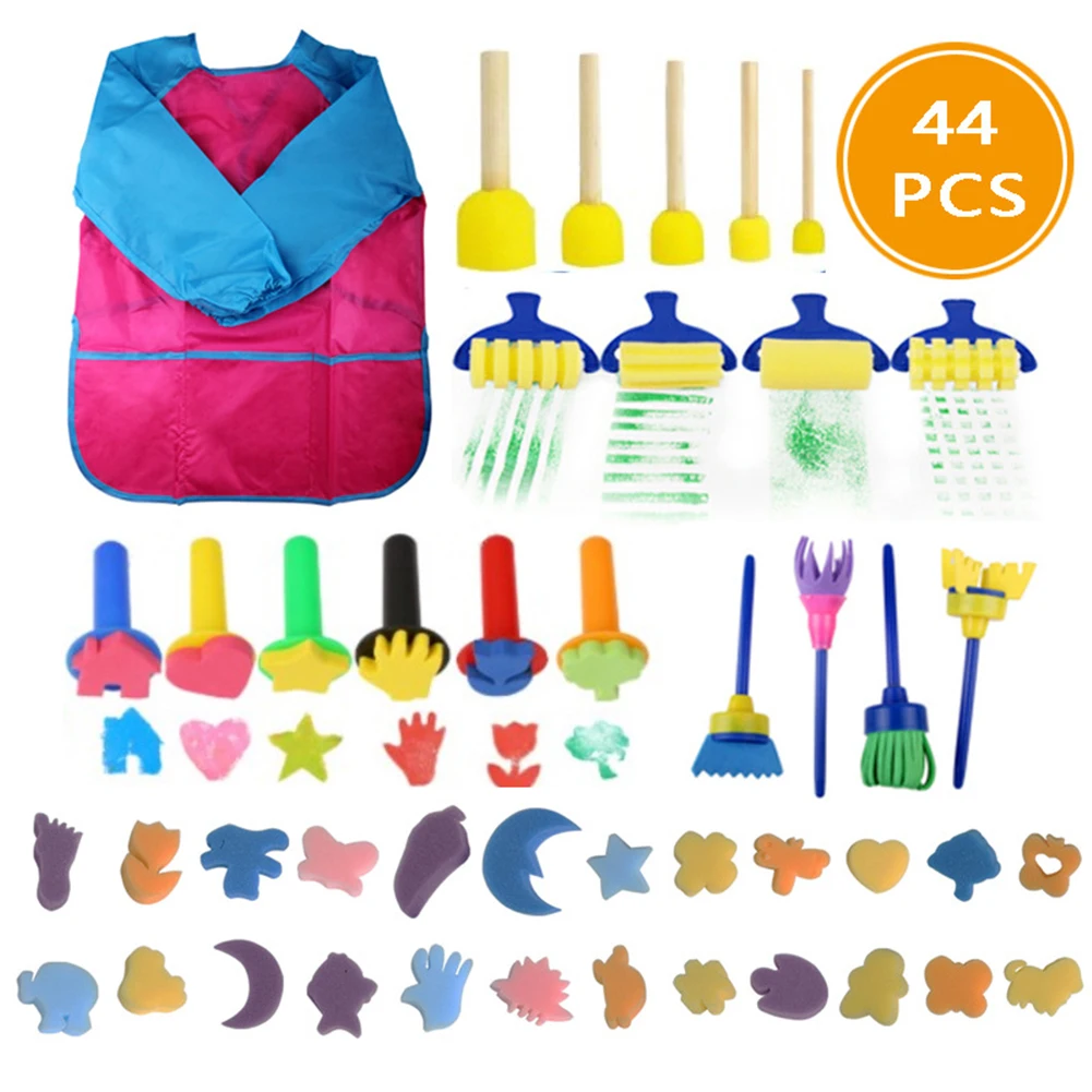 

44Pcs Child Mini DIY Painting Kits Sponge Painting Brushes Kit Early Learning Kids Paint Set Roller Sponge Brush Apron Play Gift