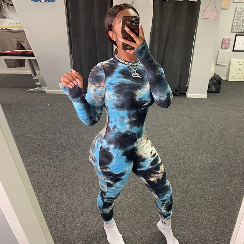 

Rib Knit Tie-Dye Long Sleeve Skinny Stretchy Jumpsuit Women Sportswear Streetwear Fitness Rompers Casual Activewear Outfits Fall