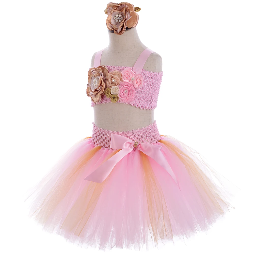 Розовое и Золотое Платье-пачка с юбкой-годе наряд принцессы тюлевые цветы