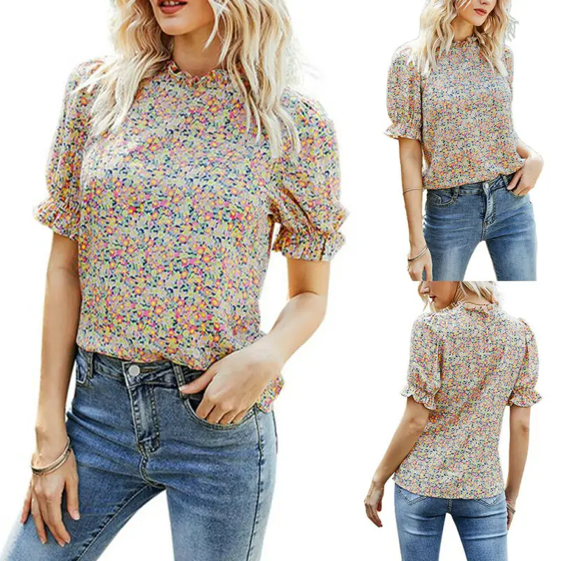 

Women Puff Sleeve Elegant Tops Short Sleeve Floral T-Shirt Blouse Holiday Summer Casual Top Casual Tee Shirts Printed Blouse