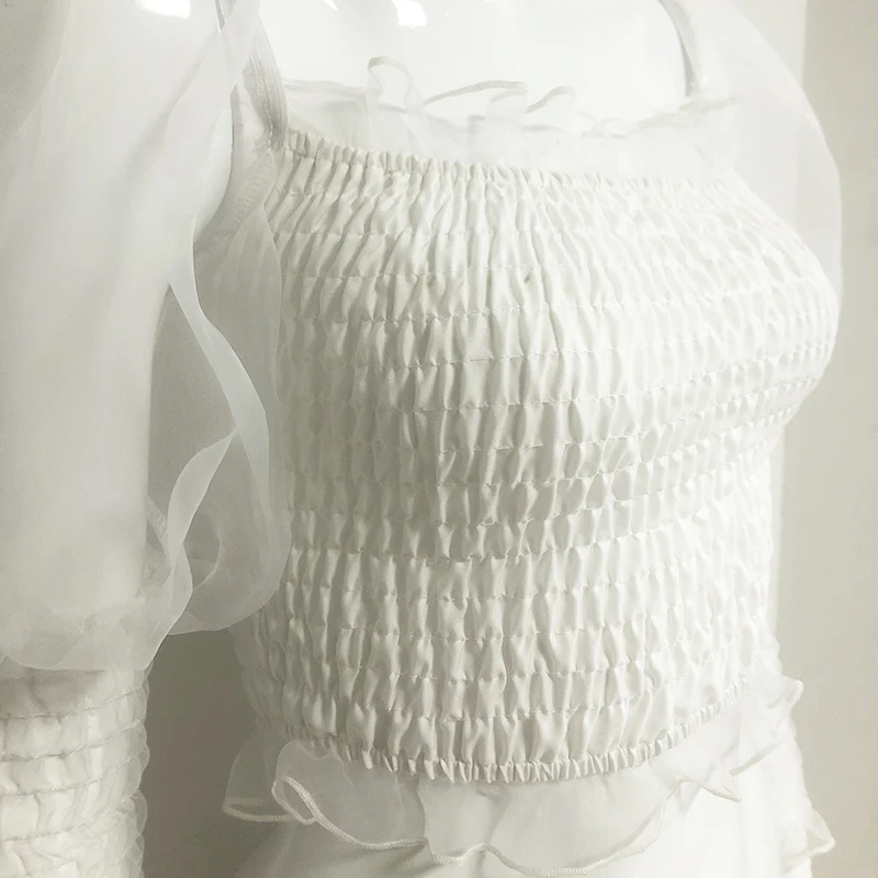 Белая женская блузка 2020 весенние топы с квадратным воротником и оборками