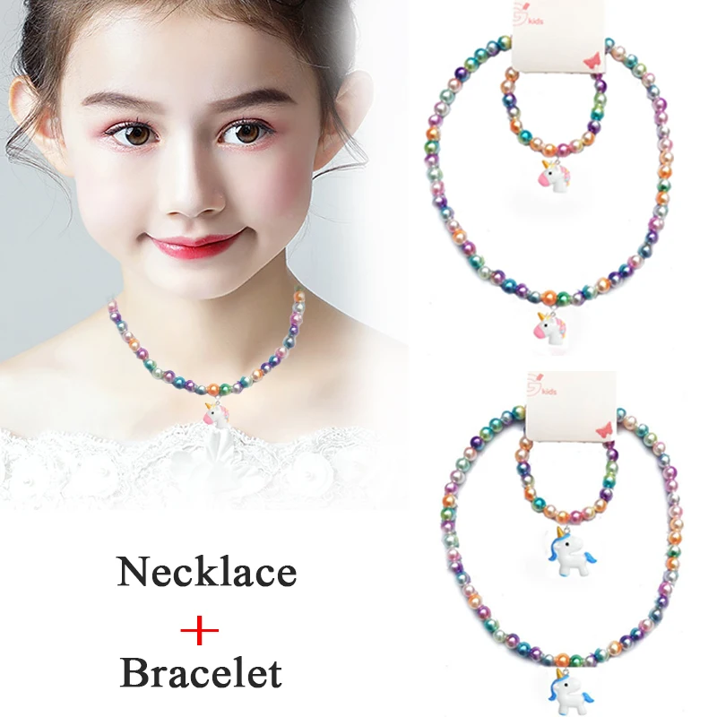 

New 7 Styles Girls Accessories Necklace Cute Unicorn Bracelet Set Kids Lovely Jewelry Set Round Beads Fine Present For Gril