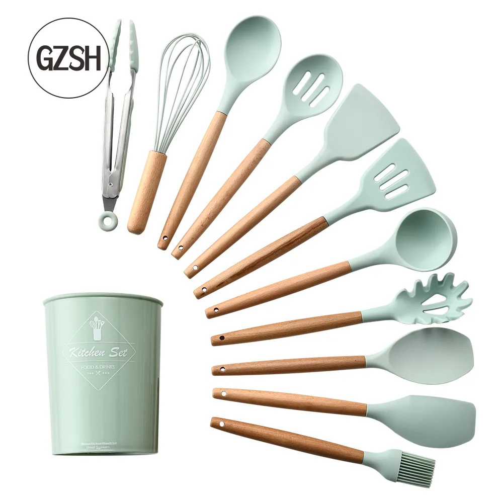 

Kitchen Tools Silicone Kitchenware Set with Wooden Handle In Storage Bucket 11-piece Silicone Kitchenware Set In Seven Colors