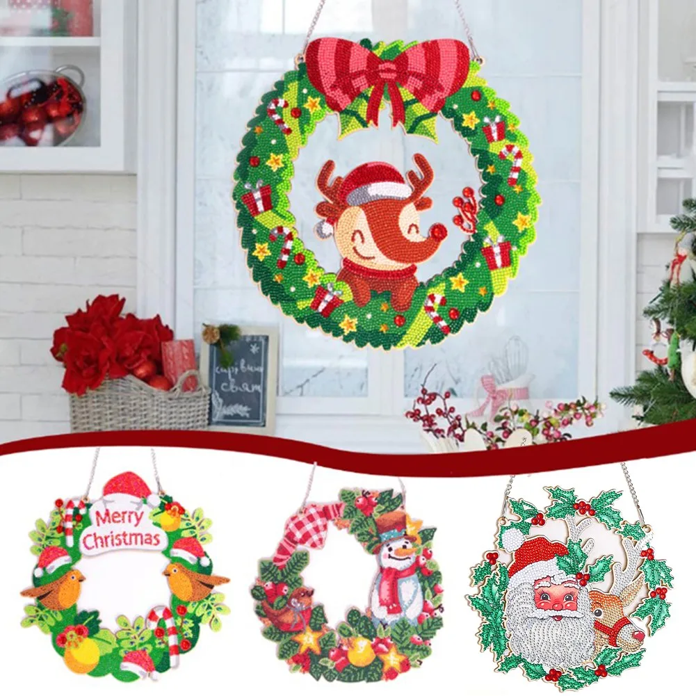 

DIY 5D Spot Drill Diamond Wreath Xmas Wreath Kit Art Hang Crystal Wreath Decor Multi-styles Christmas Decoration EVA+Wood