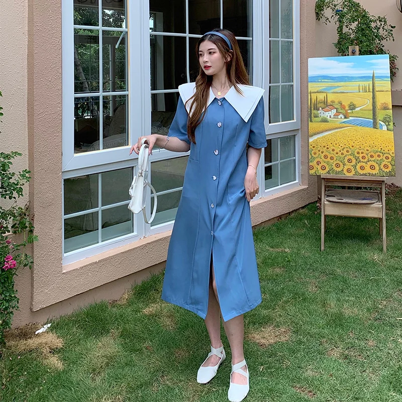 

EHQAXIN Summer Plus Size Women's Long Dress 2021 Sweet Fashion Double Layer Doll Collar Button Cardigan Short Sleeve Dress L-4XL