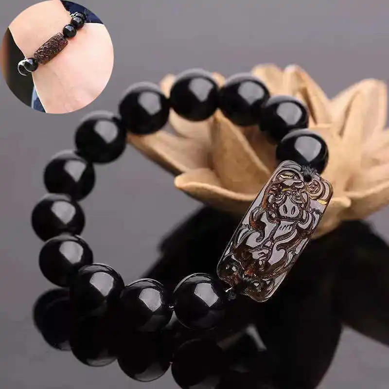 

Vintage Chinese Style Obsidian Feng Bead Shui Pi Xiu Stretch Wealth Wristband Luck Unisex Bracelet