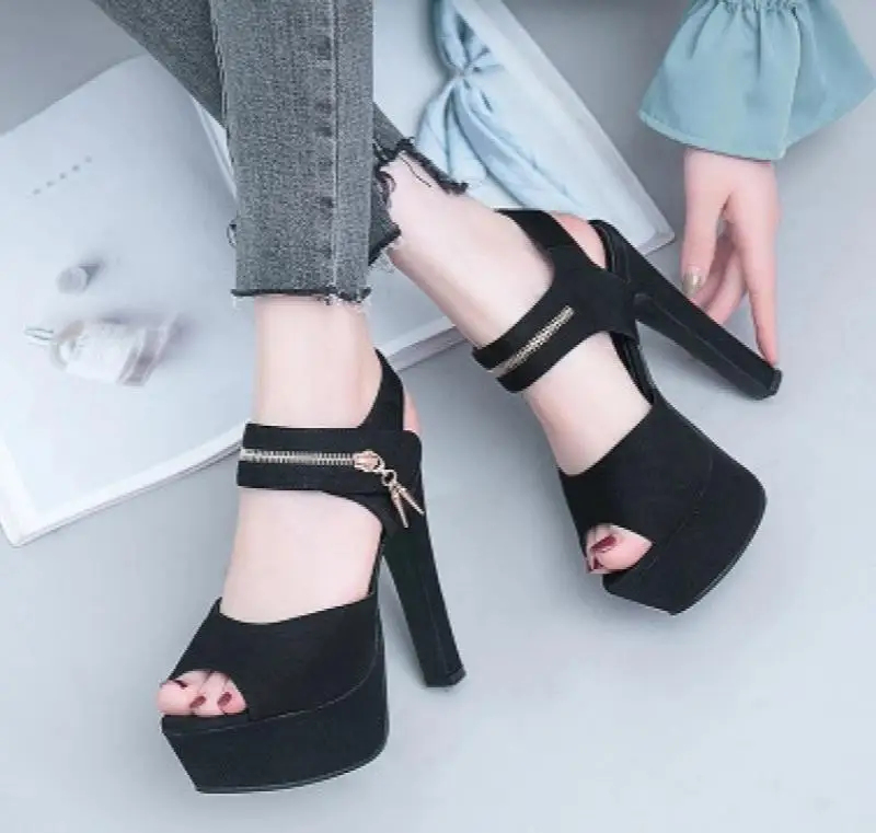 

Elegant large size thick bottom zipper high heels party ladies beach sandals dating office ladies flocking shoes
