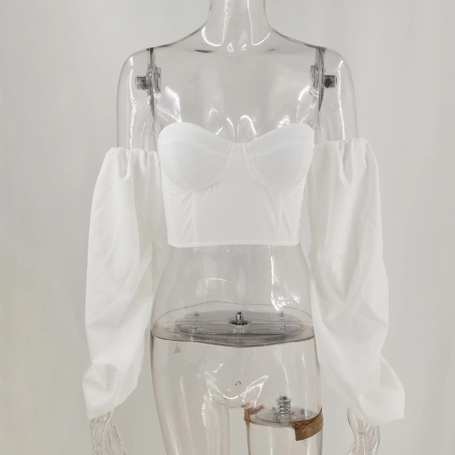 

Sexy Off Shoulder Crop Top Women Elegant Long Puff Sleeve Back Zipper Strapless Slash Neck Blouse Club Party Outfits