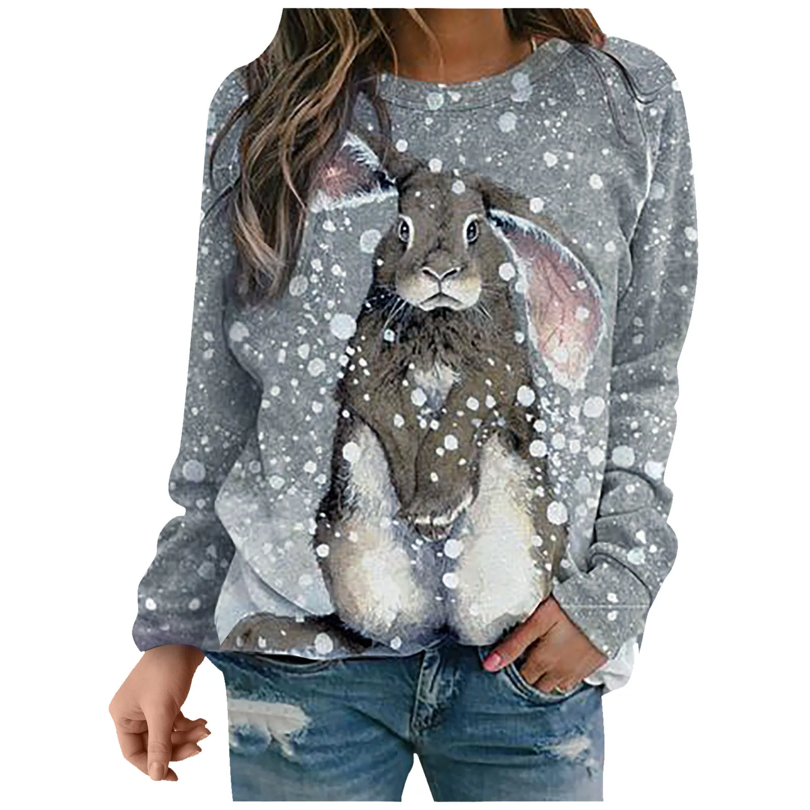 

Autumn Spring 2021 Rabbit Print Sweatshirt For Women Loose Pullover Streetwear Casual Crewneck Long Sleeve Fashion Clothes