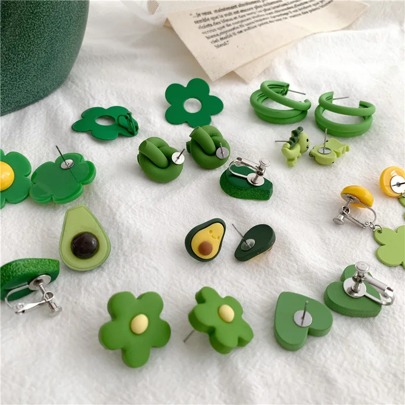 Green Avocado Fruit Stud Earrings For Women Acrylic Flowers Heart Geometric Round Sweet Female Fashion Jewelry | Украшения и