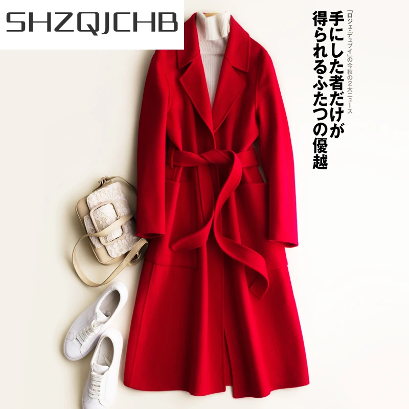 

SHZQ 100% натуральная шерсть куртка осень зима кашемировое пальто женское длинное двустороннее шерстяное пальто с поясом весенняя одежда LWL1303