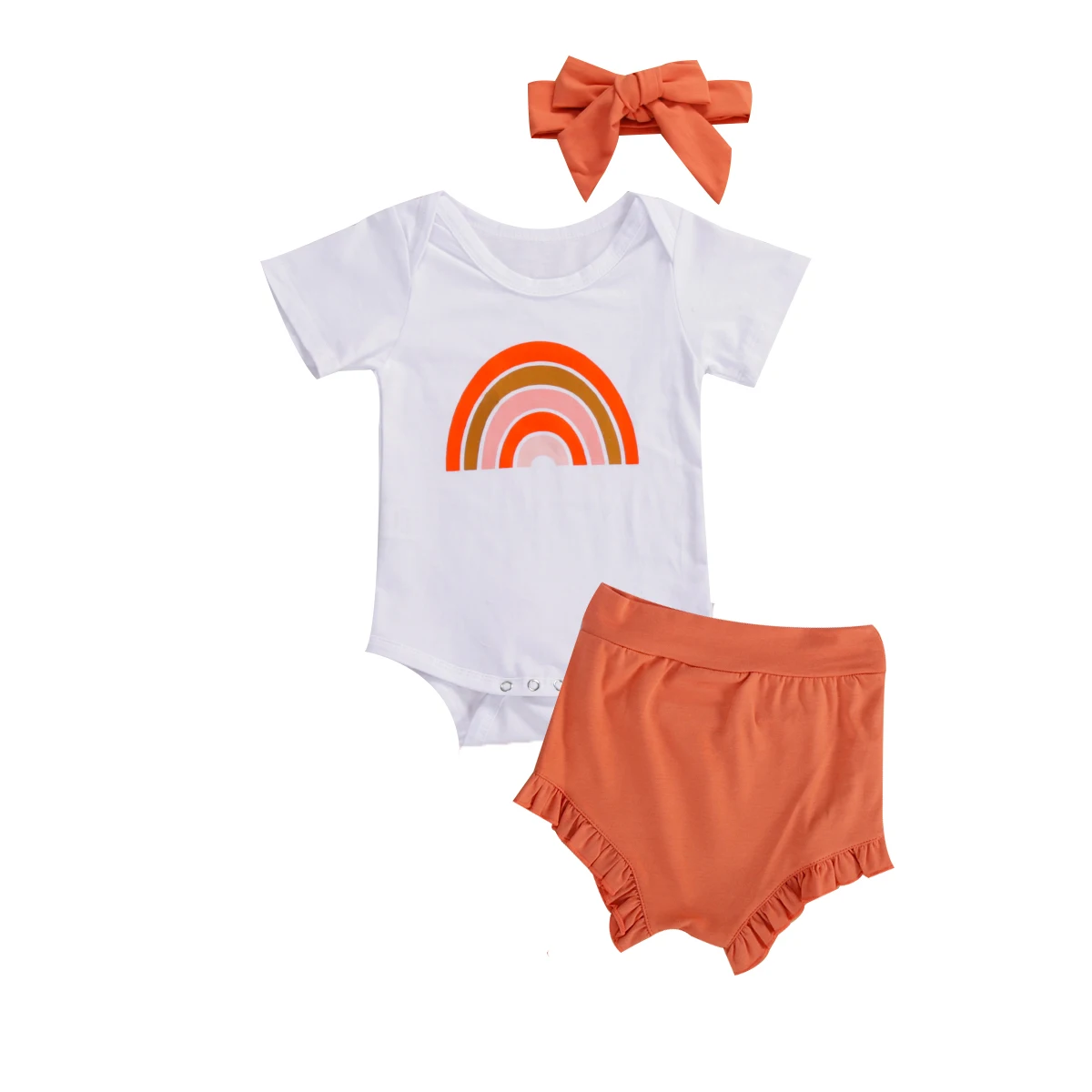 

Pudcoco/комплект с топом и шортами для маленьких девочек, лето 2020, футболка с короткими рукавами и принтом радуги + штаны + головной убор бант, од...