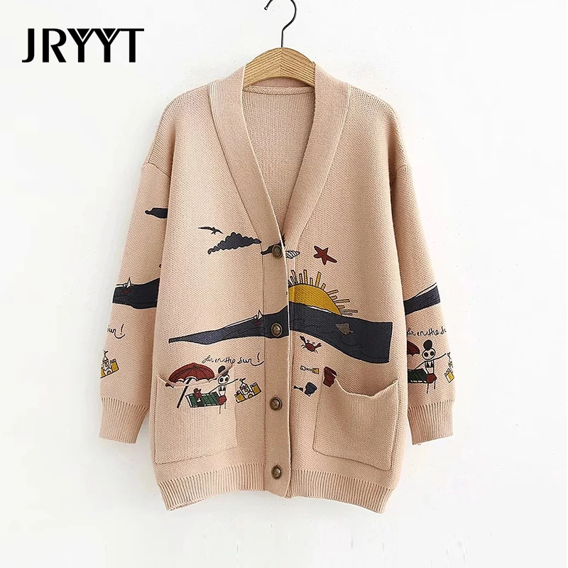 

JRYYT Casual Painting Printed Caradigans Women V-neck Open-Stitch Button Sweaters Women Three Quarter Sleeve Korean Tops Female