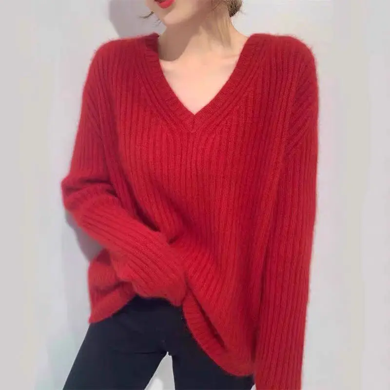 

Women Solid Color Sweater Knitted Pullover Long Sleeves V Neck Slim Jumper Spring Autumn Soft Chic Sport Clothes