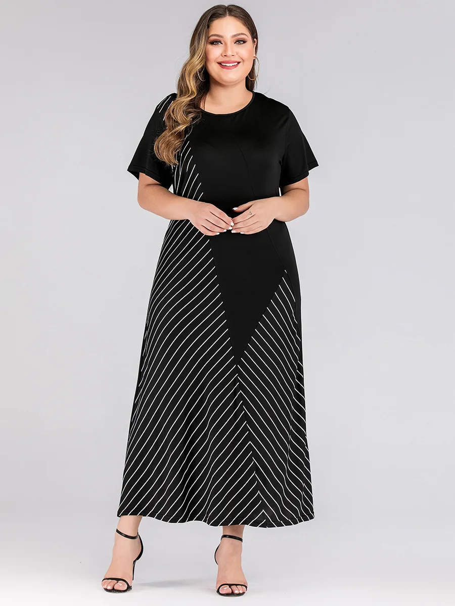 

Tureky Arab Plus Size Muslim Dress Women Striped Maxi Vestidos Moroccan Kaftan Oversized Elastic Short Sleeve Sundress Musulman