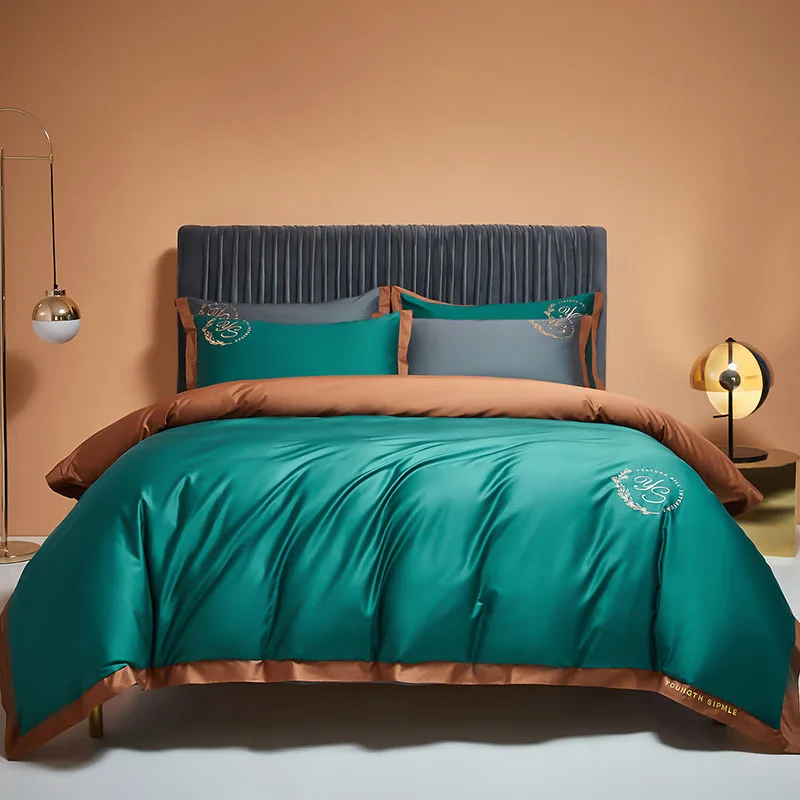 

Luxury Bedding Solid Color Long-staple Cotton Four-piece Set 100GSM Satin Embroidery Pure Cotton Bedding Sheets Household Goods