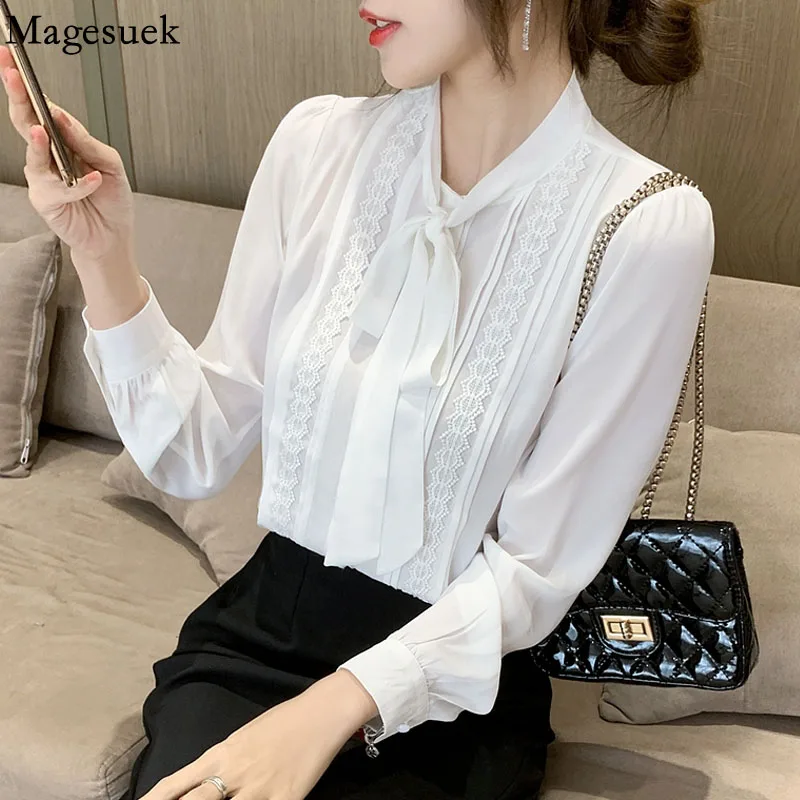 Элегантная шифоновая блузка с ленточным бантом и кружевом Женская мода на осень