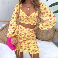 women sexy two piece clothes set yellow floral printed pattern crop tops and skirt fashionable and charming daily wear s m l