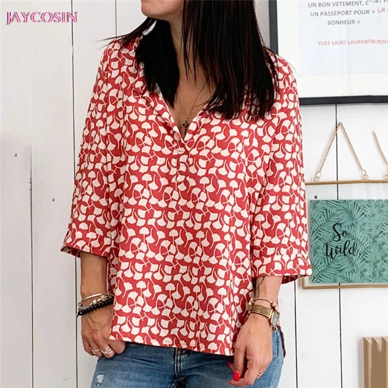 JAYCOSIN 2020 Personality Multicolor Sweater Women's Printing Long Sleeve Shirt Tie Knot Casual Blouses Tops V-Neck Drop #1217 | Женская