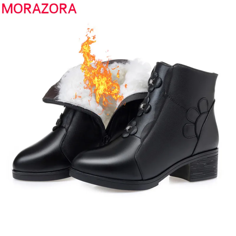 MORAZORA/Новинка года; ботильоны из натуральной кожи; женские шерстяные зимние ботинки на молнии с цветочным узором; Повседневная зимняя женская обувь на квадратном каблуке