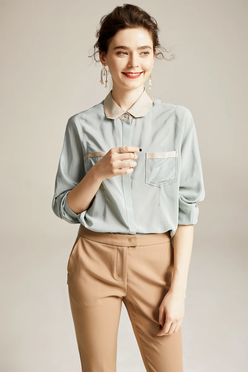 100% чистый шелк Женские рубашки отложной воротник цвет блок с длинным рукавом