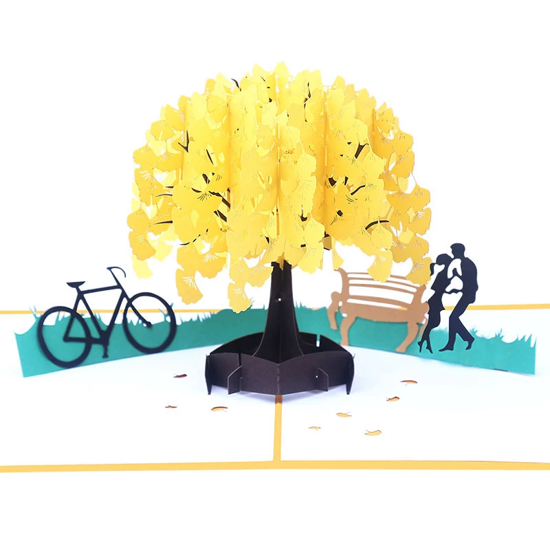 

10pcs Wholesale 3D Handmade Yellow Bicycle Ginkgo Lover Paper Invitation Greeting Cards PostCard Valentine's Day Wedding Gift