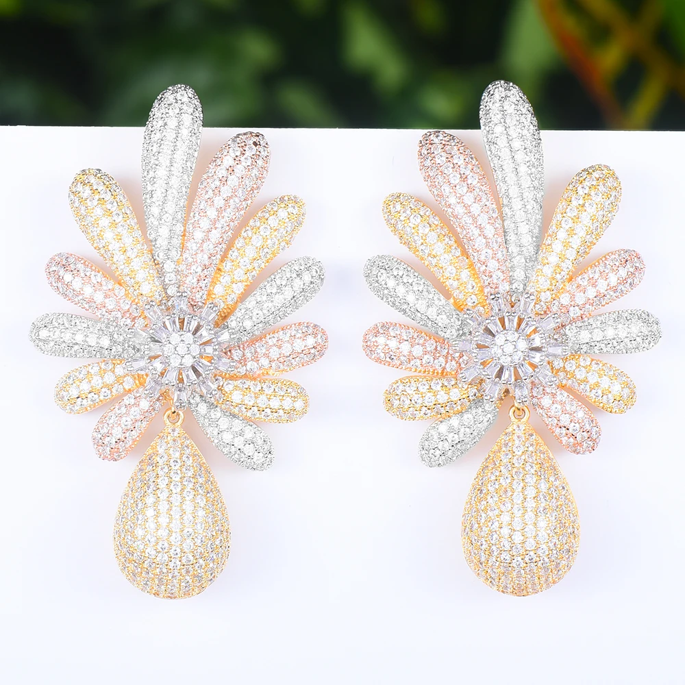 

LARRAURI Luxury 3 Tone Engagement Wedding Flower Earrings for Women Bridal Cubic Zircon Dubai Accessories Jewelry 2020