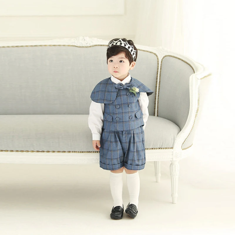 

Fashion Baby Boy Suit Clothes Kids Outfits Set Infant Party Birthday Dresses Newborn Costume Shirt +Plaid Vest +Short+shawl +Bow
