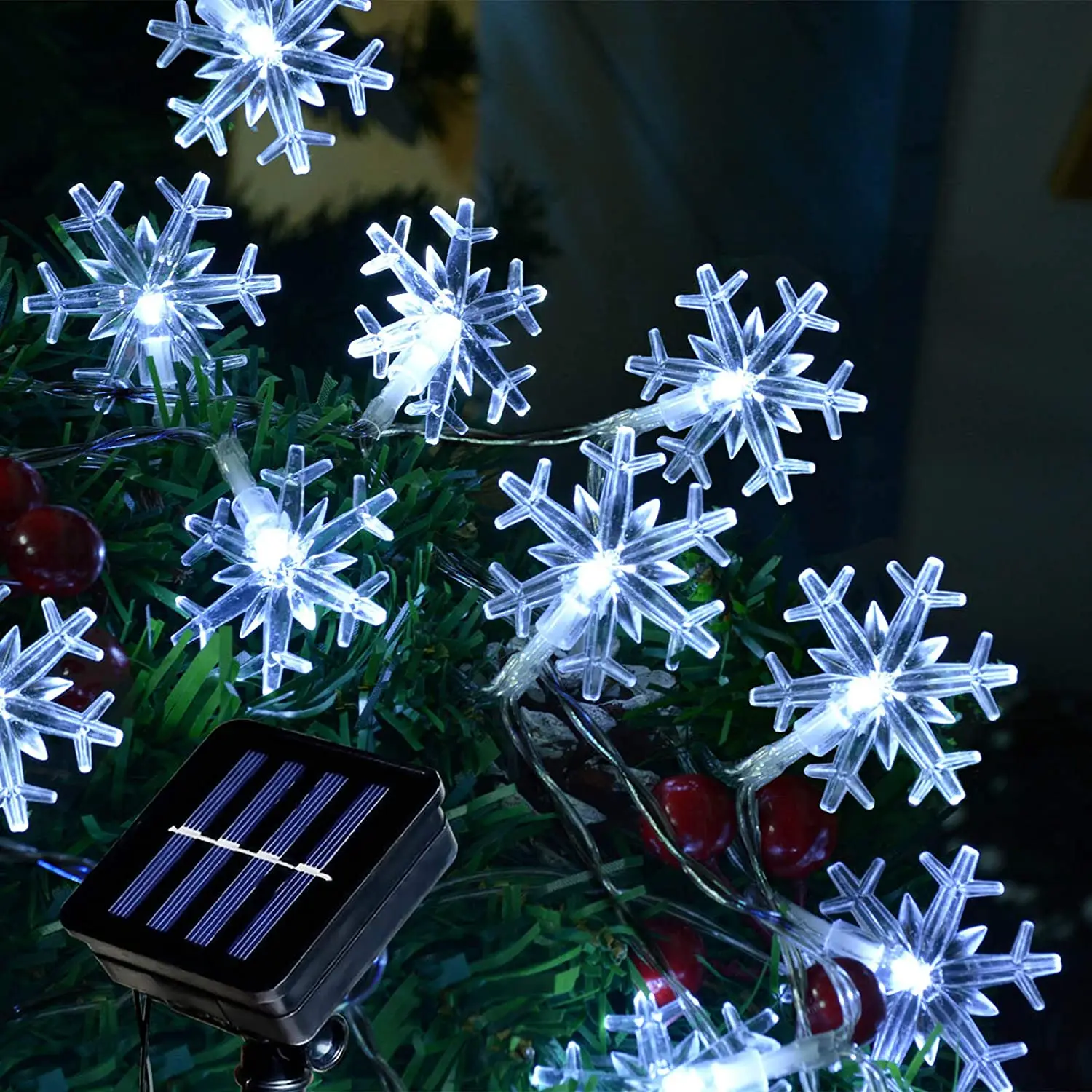 Guirnalda de copos de nieve solares para exteriores, 6,5 M, 30LED, alambre de cobre impermeable, guirnalda de Navidad para decoración de jardín, boda y fiesta