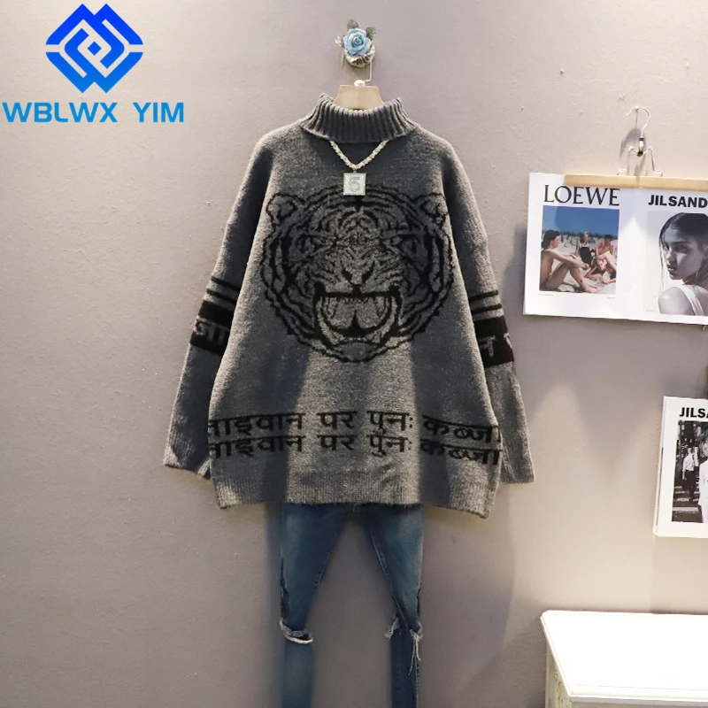 

Autumn Winter Knitted Sweater Women Cartoon Tiger Embroidery Fashion Turtleneck Long Sleeve Pullover Woman Casual Loose Sweaters