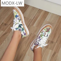 new popular womens shoes plus size color matching and printing lace up flat shoes womens casual shallow mouth womens sneakers