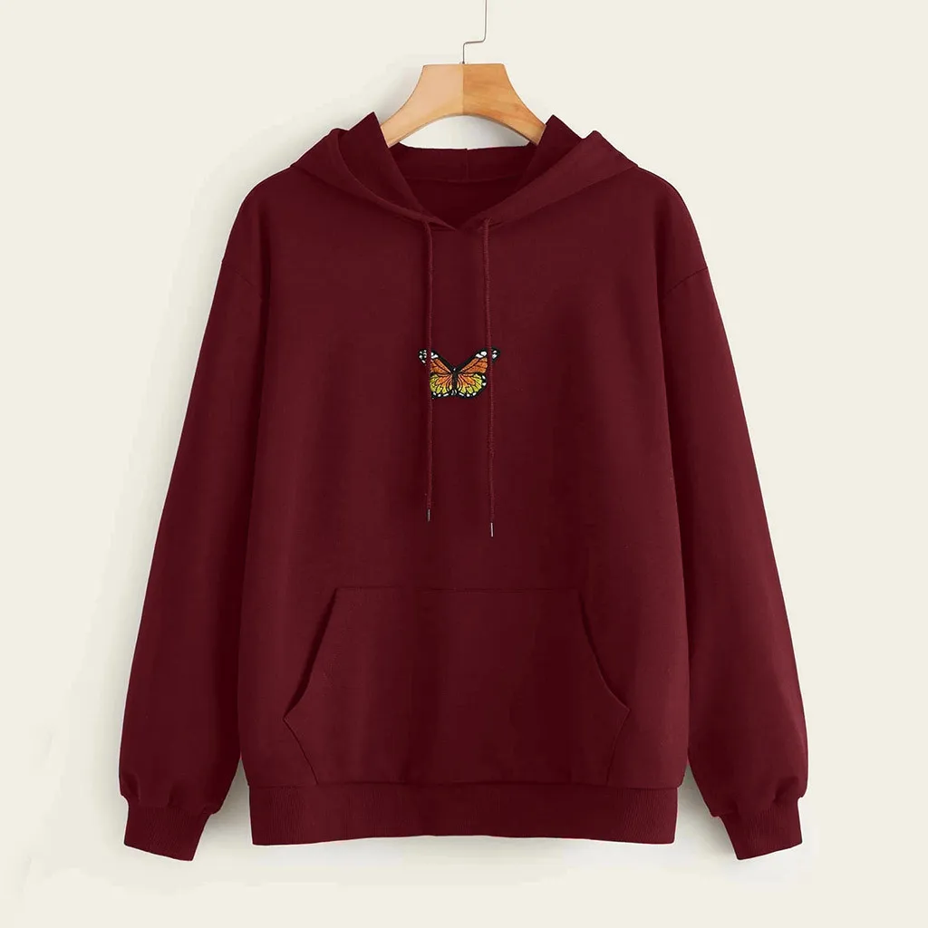 JAYCOSIN Women Sweetshirts Butterfly Sweatshirt Autumn Long Sleeve Pocket Pullover Hoodie Tunic Top Blouse Polerones De Mujer