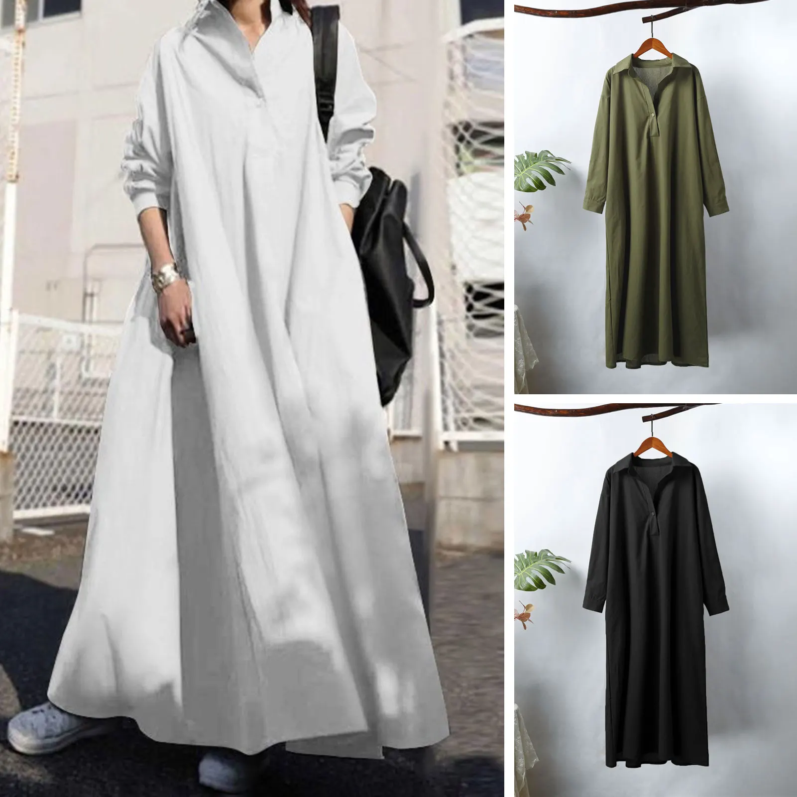 

Plus Size Dress Women Spring Autumn Solid Color Cotton Turn-Down Collar Long Sleeve Button Pocket Loose Casual Vintage Robe 2021