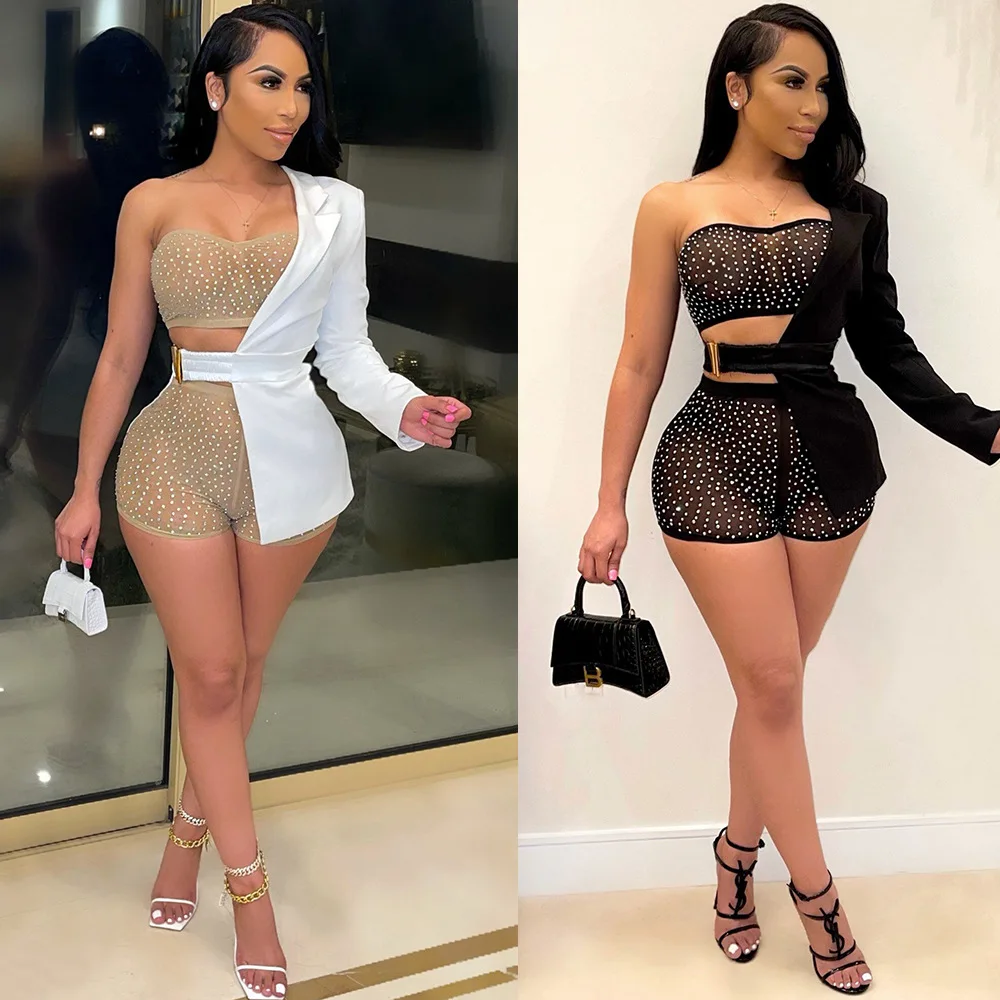 

2021 Diamond Mesh PatchworkTracksuit Strapless Crop Top And Shorts One Sleeve Coat Sexy Party Club 3 Pieces Set Matching Set