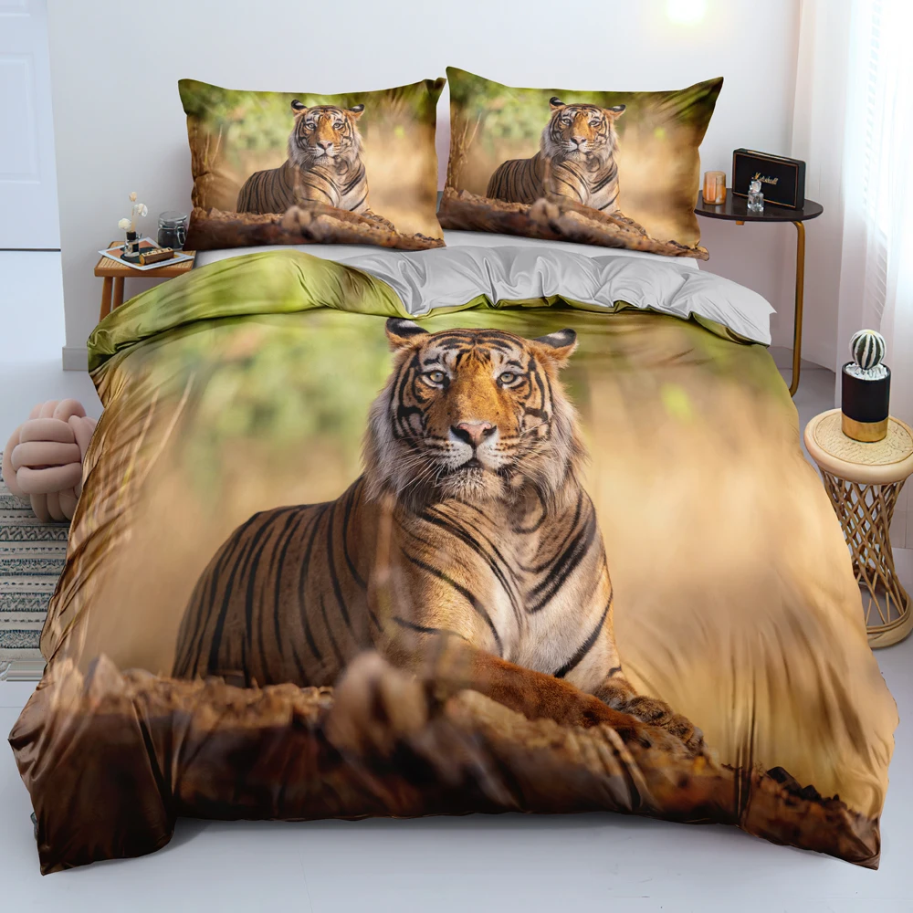 

3D Gray Comforter Covers Design Animal Quilt Cover Sets and Pillow Shams 180*200cm Full Twin Double King Size Tiger Bedclothes