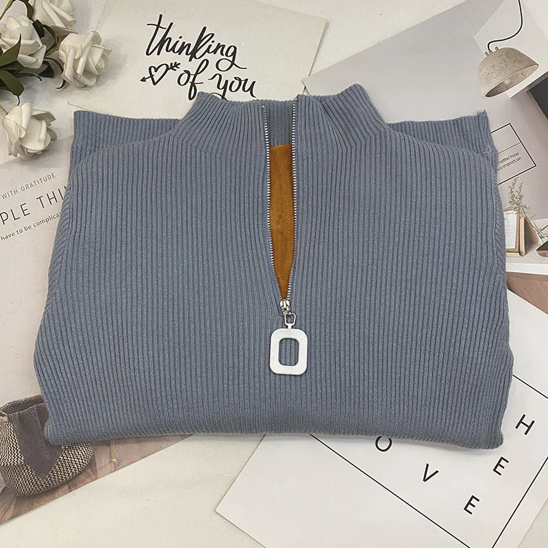 

Knitted Women Zipper Half Turtleneck Sweater Pullovers Autumn Winter Basic Thicken Female Sweaters Slim Fit Black Pull Femme