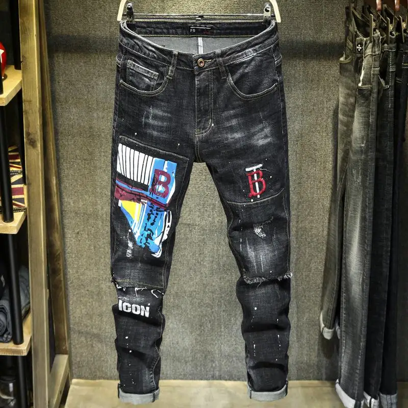

Мужские байкерские джинсы, облегающие прямые джинсовые брюки, потертые брюки