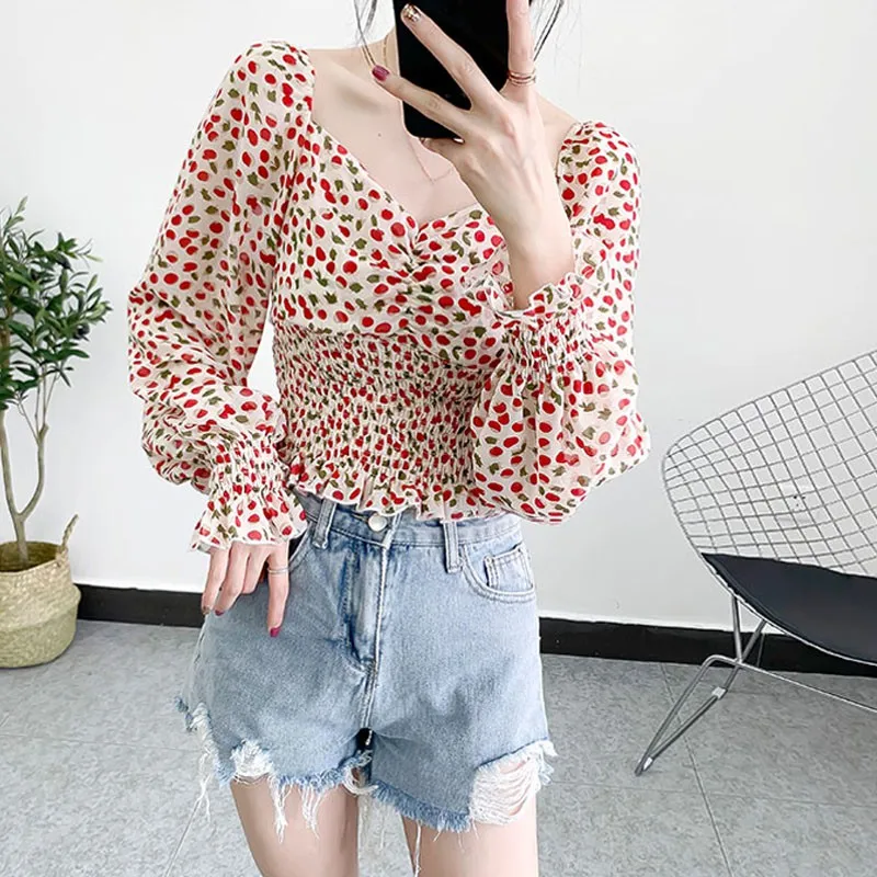 

Square Collar Printed Chiffon Shirt off-shoulder Short Slim Slimming Lantern Sleeve Shirt Women 2020