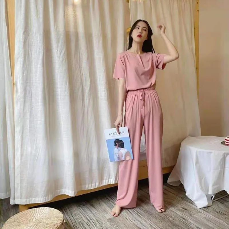 2021 New Women's Pajamas Set Soft Home Wear Summer Comfortable Loose Short Sleeve Trousers Sleepwear 2Pcs Suit Nightwear