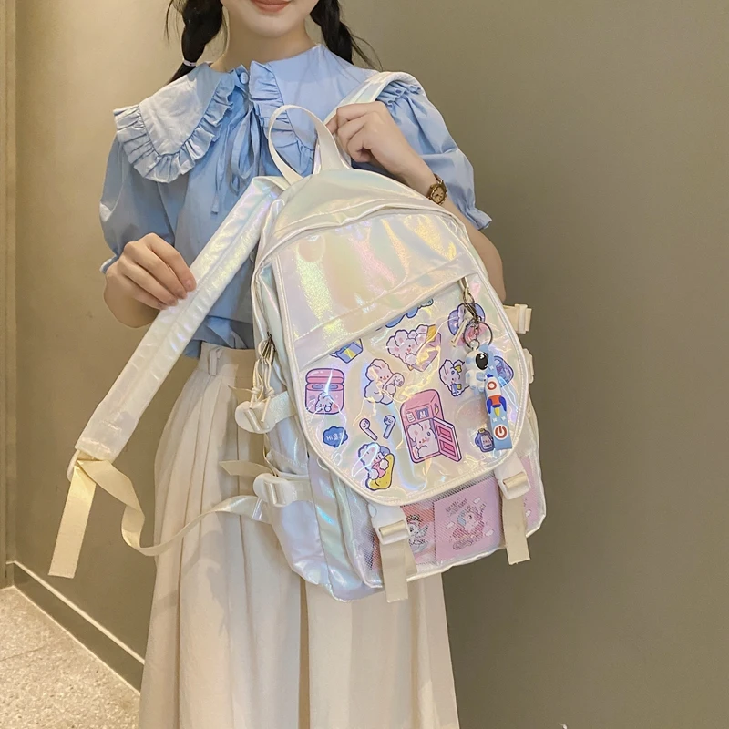 

2021 Summer New Laser PVC Fashionable Girl Backpack Korean Large Capacity Cute Schoolgirl Schoolbag Oxford Coated Cloth Back Bag