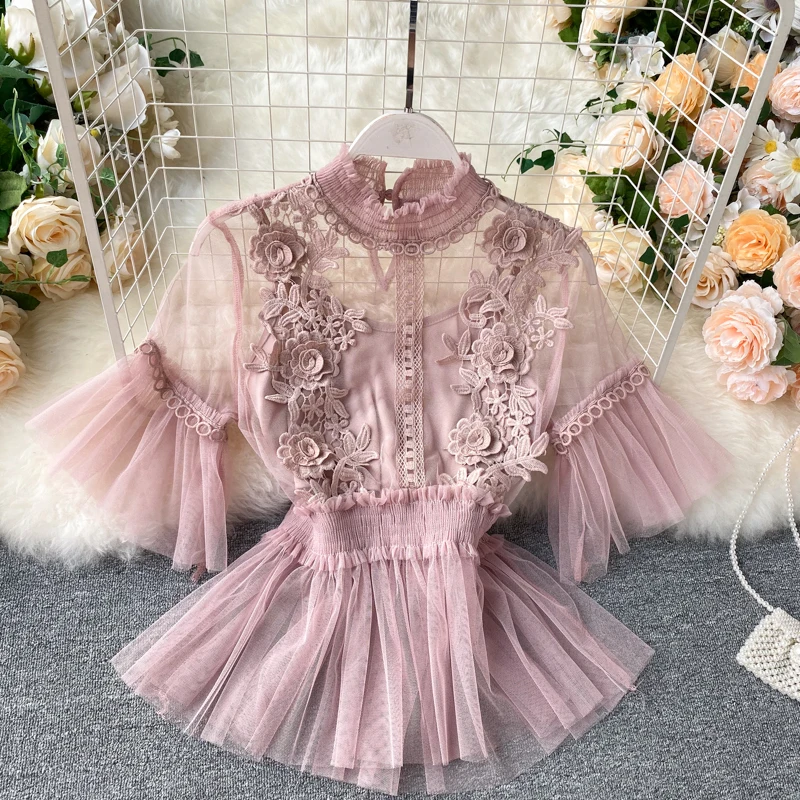 

Summer Women Tops Fashion Sexy Sheer Lace Blouse Lantern Sleeve 3D Floral Blouses Shirts Elegant Top Blusas Femininas