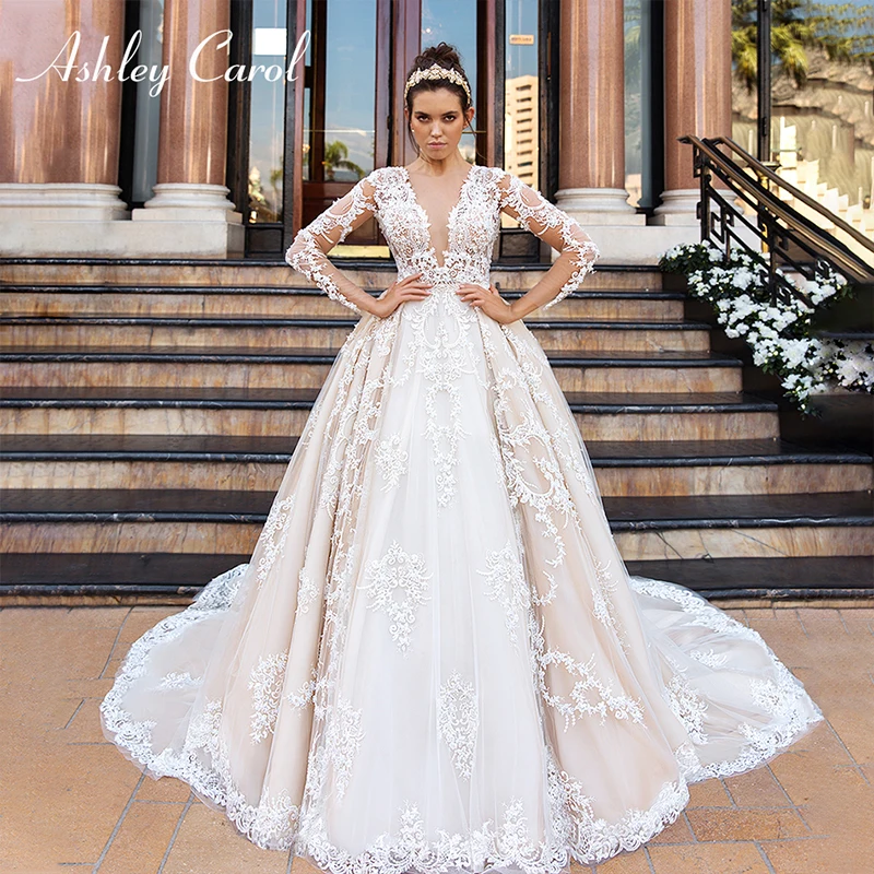 Champagne Ashley Carol роскошное бисерное кружевное свадебное платье принцессы сексуальное романтическое свадебное платье с v-образным вырезом и длинным рукавом Vestido De Novia - Color: Champagne
