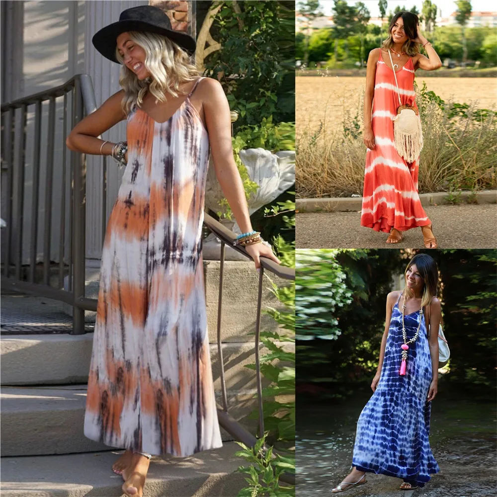 

New fashion Summer Women Boho Maxi Dress hot Tie Dye Print Spaghetti Strap Sleeveless Sun Beach Dresses Robe Female Vestidos