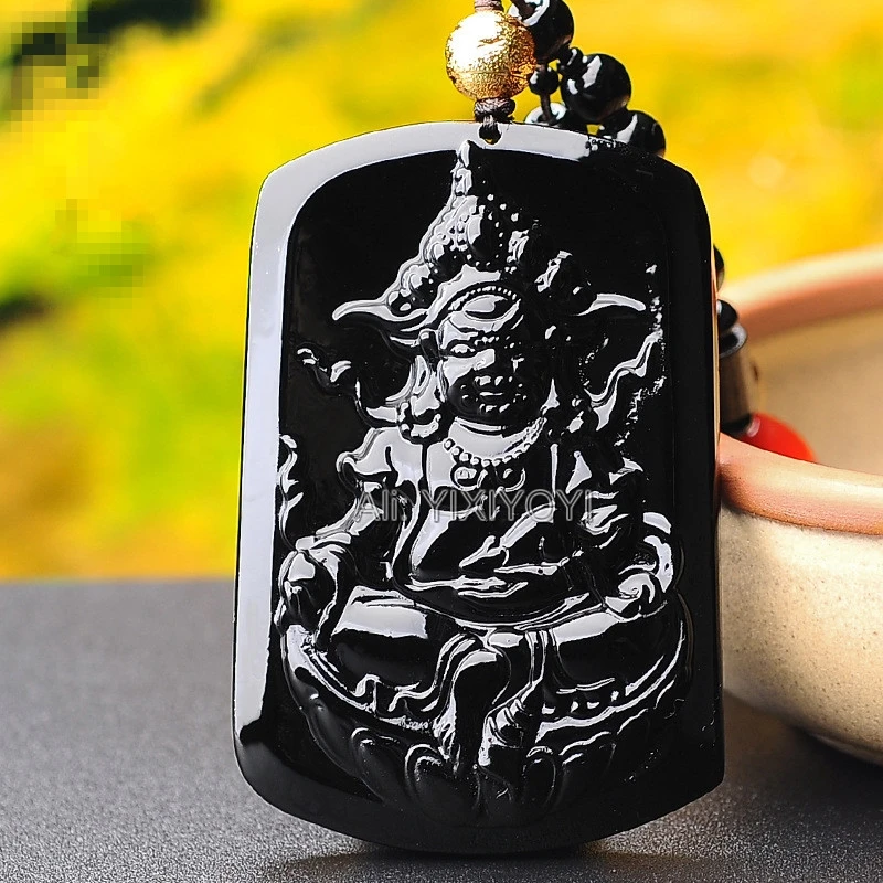 

Beautiful Natural Black Obsidian Carved Chinese Handwork God of Wealth Buddha Amulet Lucky Pendant Necklace Trendy Gift Jewelry