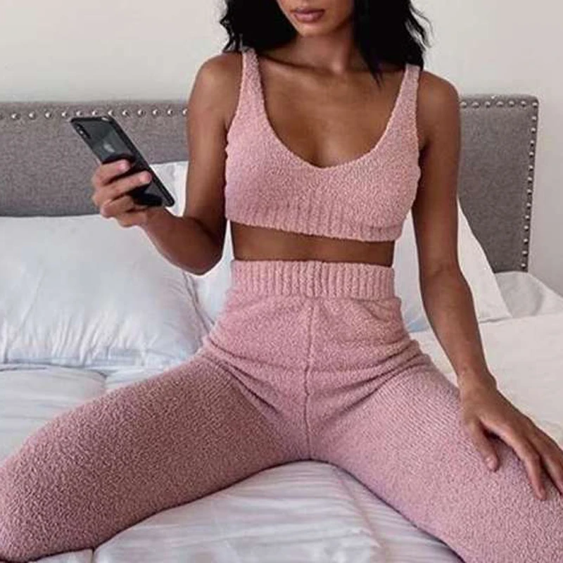 

Костюм женский из двух предметов, пикантный однотонный брючный костюм с V-образным вырезом и брюки с эластичным поясом, Свободный Повседнев...